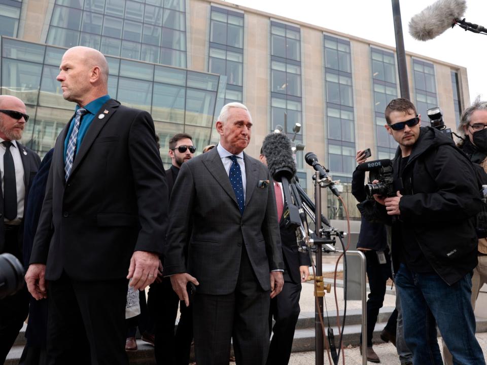 Roger Stone in front of the O’Neill House Office Building, where the January 6 security camera footage can be viewed, in December 2021.