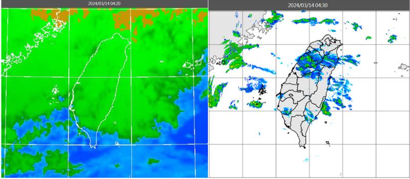 圖：今(14日)晨4：20紅外線色調強化雲圖顯示，台灣上空佈滿中層雲(左圖)。4：30雷達回波合成圖亦顯示，中層雲伴隨零散的弱降水回波(右圖)。