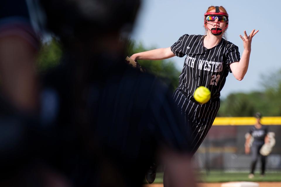 South Western pitcher Jayda Koontz dishes to a Littlestown batter during the YAIAA softball championship at Spring Grove Area School District on May 17, 2023. Koontz finished the game with seven strikeouts.