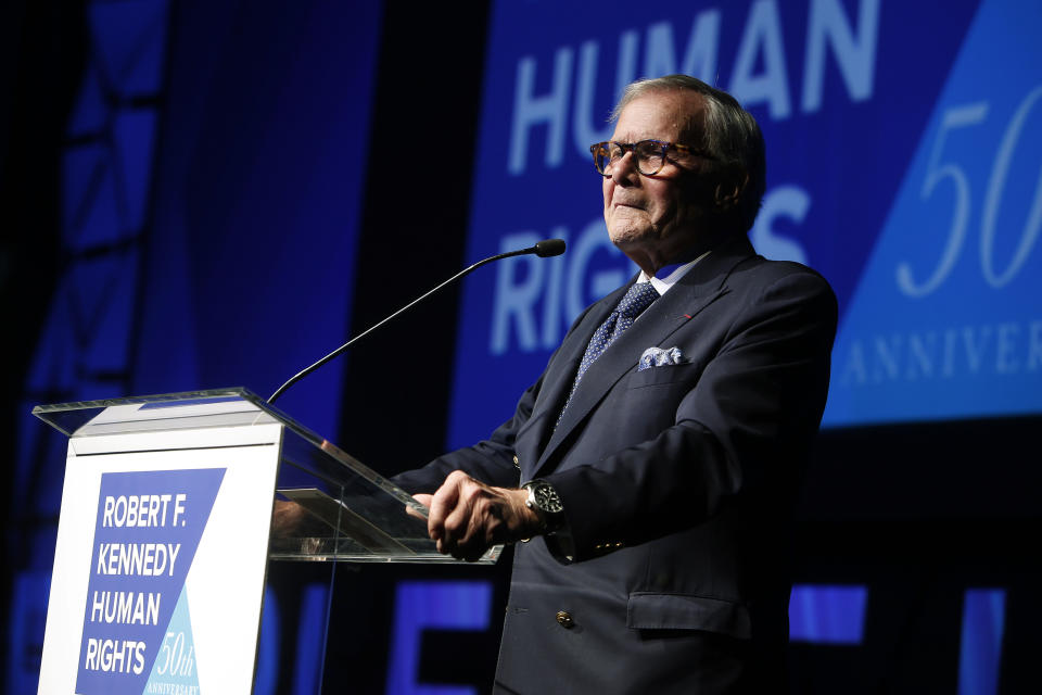 FILE - In this Dec. 12, 2018, file photo, journalist Tom Brokaw speaks during the Robert F. Kennedy Human Rights Ripple of Hope Awards ceremony in New York. Brokaw says he feels terrible that he offended some Hispanics with his comments on "Meet the Press" Sunday, Jan. 27, 2019, that Hispanics should work harder at assimilation. (AP Photo/Jason DeCrow, File)