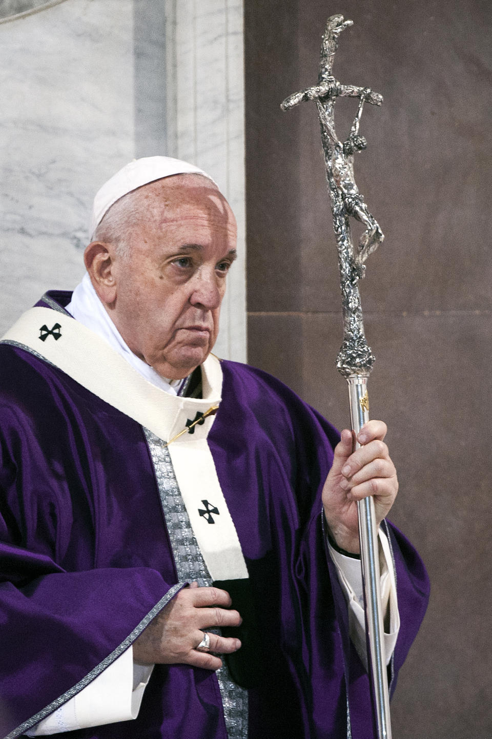 VATICAN CITY, VATICAN - FEBRUARY 26: Pope Francis leads the Ash Wednesday mass which opens Lent, the forty-day period of abstinence and deprivation for Christians before Holy Week and Easter, on February 26, 2020 in Vatican City, Vatican. (Photo by Vatican Pool - Corbis/Corbis via Getty Images)