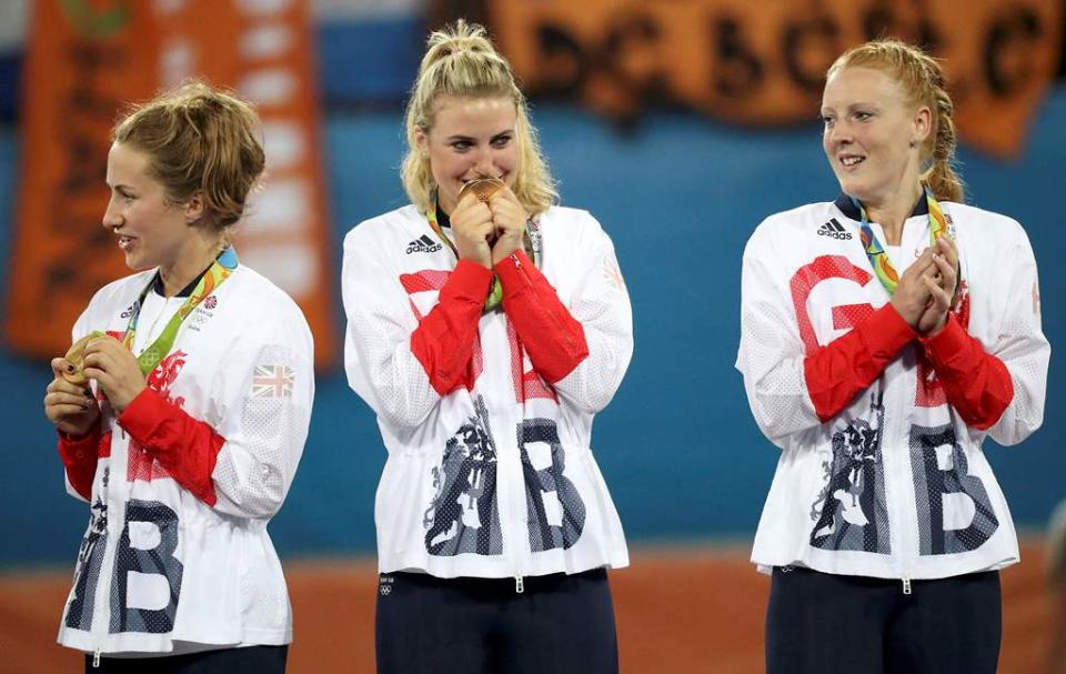  Lily Owsley (middle) celebrates winning the gold medal in Rio REUTERS/Vasily Fedosenko 