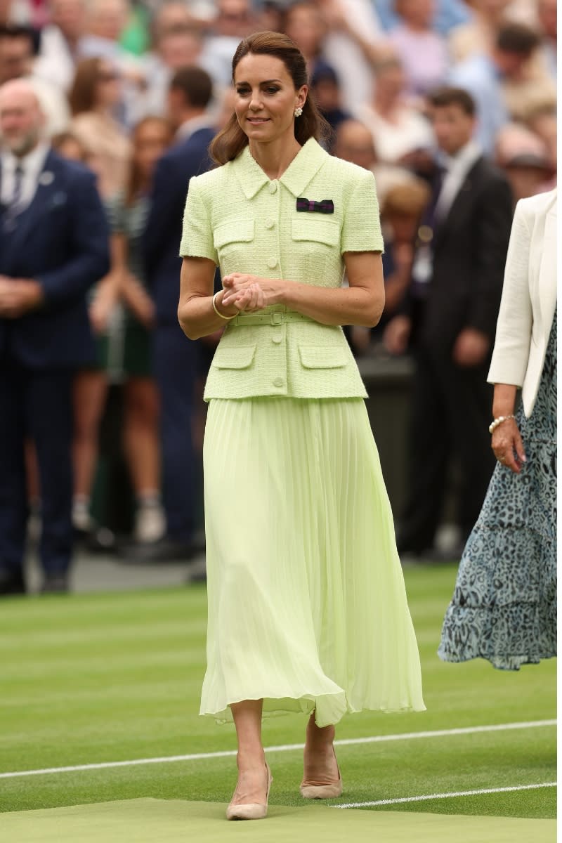 <p> These timeless suede heels have made numerous appearances over the years and are a true staple in Kate's wardrobe. One such example of how Kate styles her favorite muted heels was her attendance at the Wimbledon Women's Singles Final in July 2023, where she wore a tailored, lime green co-ord. This is the perfect lesson in how to build an outfit around a statement colour, with Kate opting for neutral footwear over her other trick of coordinating her heels to the look. </p>
