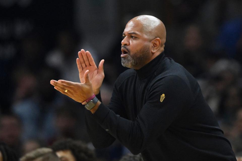 Cleveland Cavaliers coach J. B. Bickerstaff reacts in the second quarter against the Miami Heat on Wednesday at Rocket Mortgage FieldHouse.