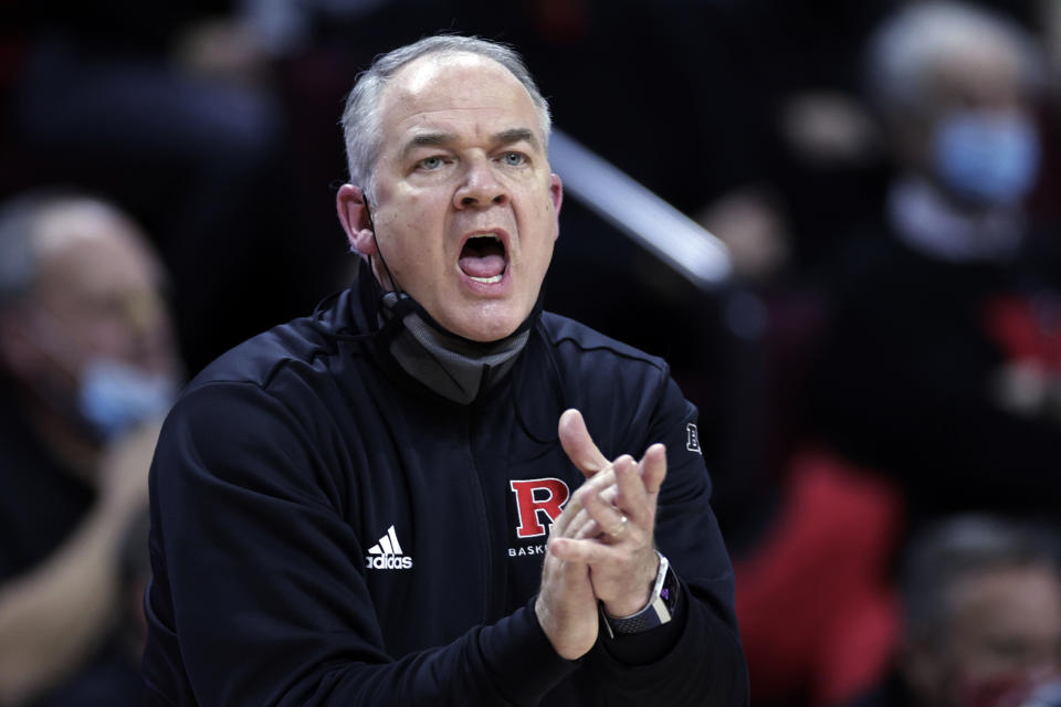 Rutgers head coach Steve Pikiell directs his team against Illinois during the first half of an NCAA college basketball game Wednesday, Feb. 16, 2022, in Piscataway, N.J. (AP Photo/Adam Hunger)