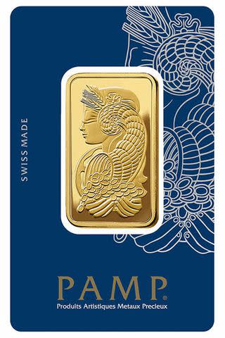 <p>Costco Wholesale</p> A photo of a Costco 1-ounce gold bar from PAMP Suisse sold on the Costco website.