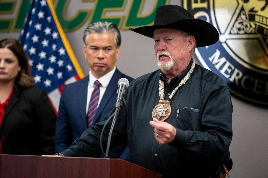 Merced County Sheriff Vern Warnke speaks about fentanyl related crimes while authorities announced the seizure of 40 pounds of fentanyl and 104 pounds of methamphetamine as well as the arrest of seven suspects that come as a result of two Merced County traffic stops, during a news conference in Merced, Calif., on Wednesday May 3, 2023. Authorities said California Highway Patrol officers made the April enforcement stops which led to the discovery of the narcotics worth about $4.2 million.
