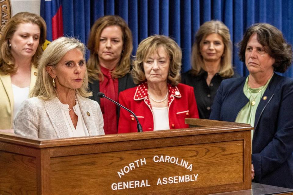 Republican lawmakers announce a deal to restrict abortion after the first trimester of pregnancy during a press conference at the State Legislature Building on Monday, May 2, 2023.