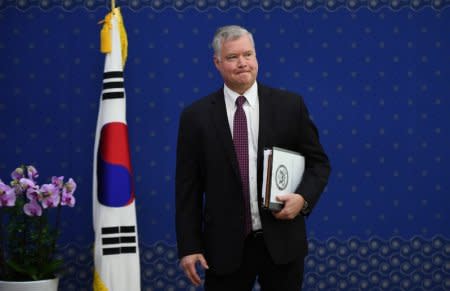 U.S. special representative for North Korea Stephen Biegun waits before a meeting with South Korean Foreign Minister Kang Kyung-wha at the Foreign Ministry in Seoul, South Korea September 11, 2018. Jung Yeon-je/Pool via REUTERS/File Photo