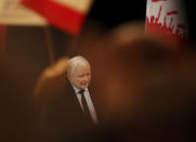 In this photo taken Thursday Sept. 26, 2019 Poland's ruling right-wing party leader Jaroslaw Kaczynski is seen attending a party convention in Plock, Poland, ahead of Sunday parliamentary election in which his Law and Justice party is hoping to win a second term in power. (AP Photo/Czarek Sokolowski)