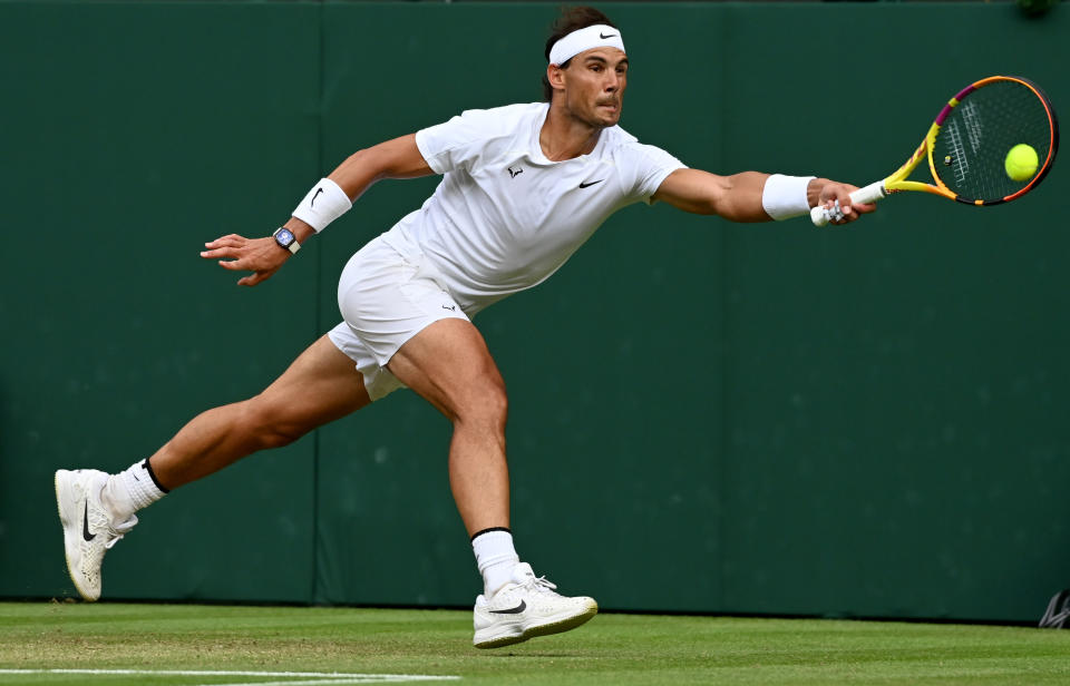 LONDON, ENGLAND - JULY 06: Rafael Nadal of Spain plays against Taylor Fritz (not seen) of The United States during their Men's Singles Quarter Final match on day ten of The Championships Wimbledon 2022 at All England Lawn Tennis and Croquet Club on July 06, 2022 in London, England. (Photo by Stringer/Anadolu Agency via Getty Images)