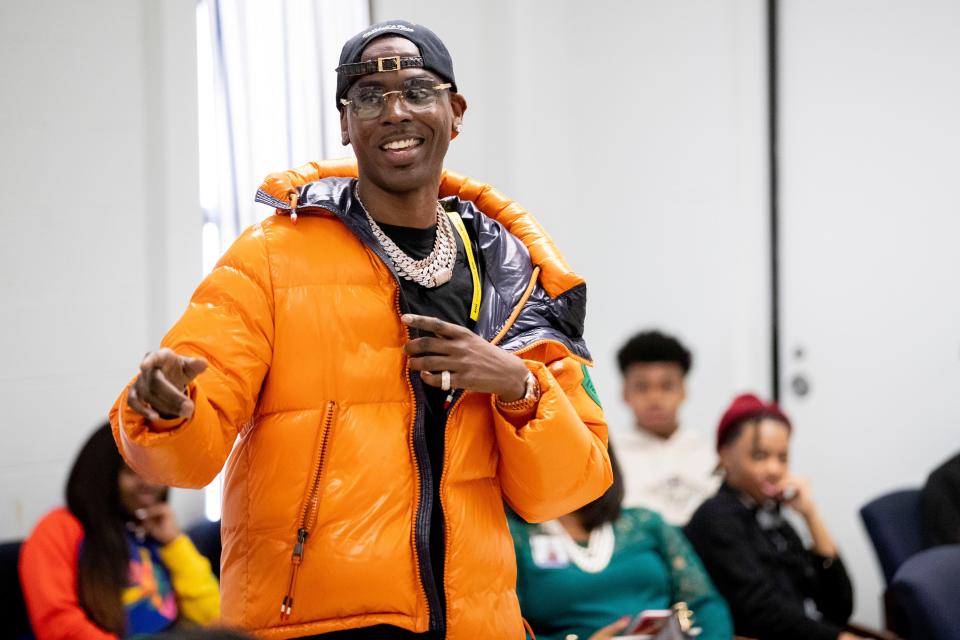 Young Dolph, seen here during a March 2020 appearance Hamilton High School in Memphis.