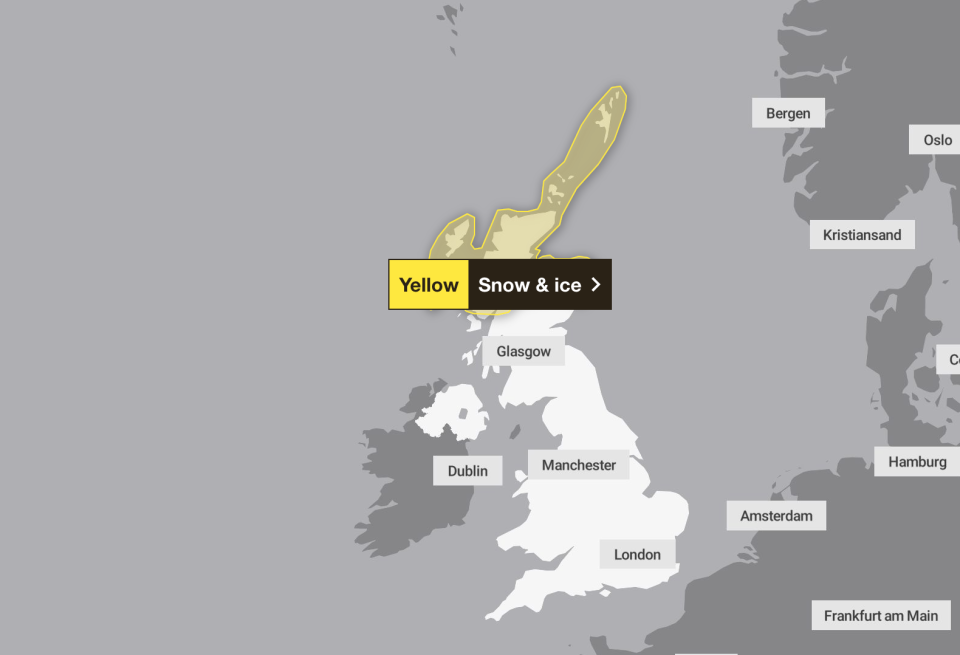 There is a yellow weather warning for snow and ice in Scotland on Sunday and Monday.  (Met Office)