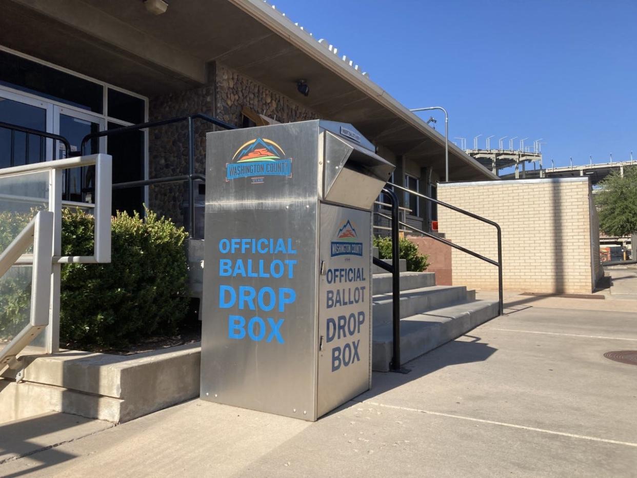 Voters can drop off their ballots at official designated Washington County drop boxes including the one in front of the Washington County building at 197 E Tabernacle St. Aug. 9, 2021.