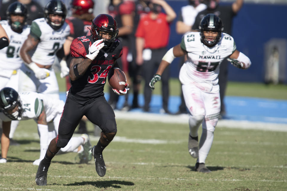 San Diego State running back Greg Bell, left, sprints for a touchdown during the first half of an NCAA college football game against Hawaii Saturday, Nov. 14, 2020, in Carson, Calif. (AP Photo/Kyusung Gong)
