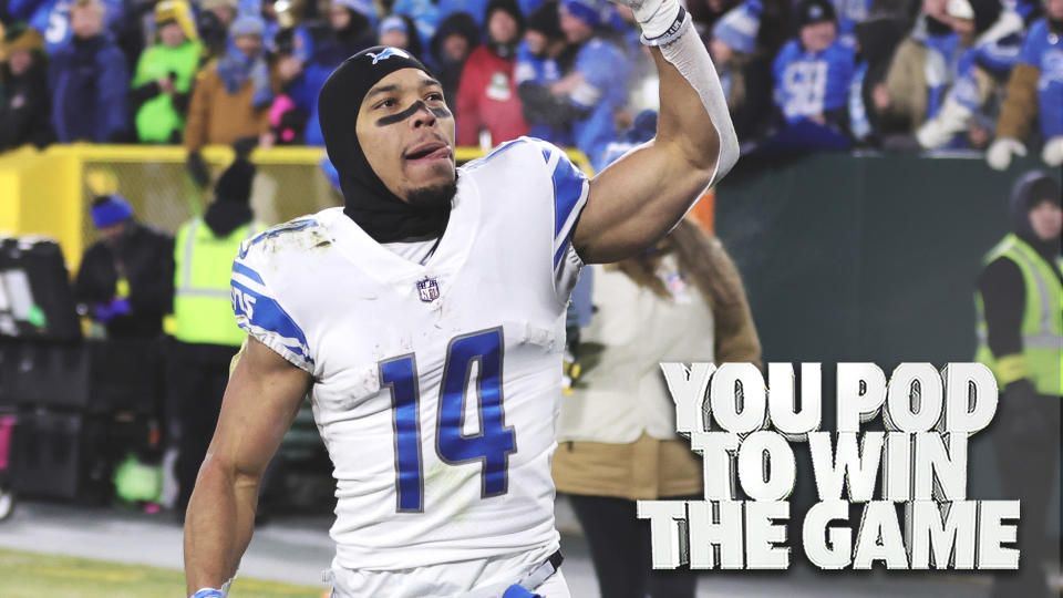 Detroit Lions WR Amon-Ra St. Brown celebrates after his team knocked off the Green Bay Packers at Lambeau Field in Green Bay, Wisconsin. Detroit's win prevented Green Bay from entering the playoffs and landed Detroit their first winning season in five years. (Photo by Stacy Revere/Getty Images)