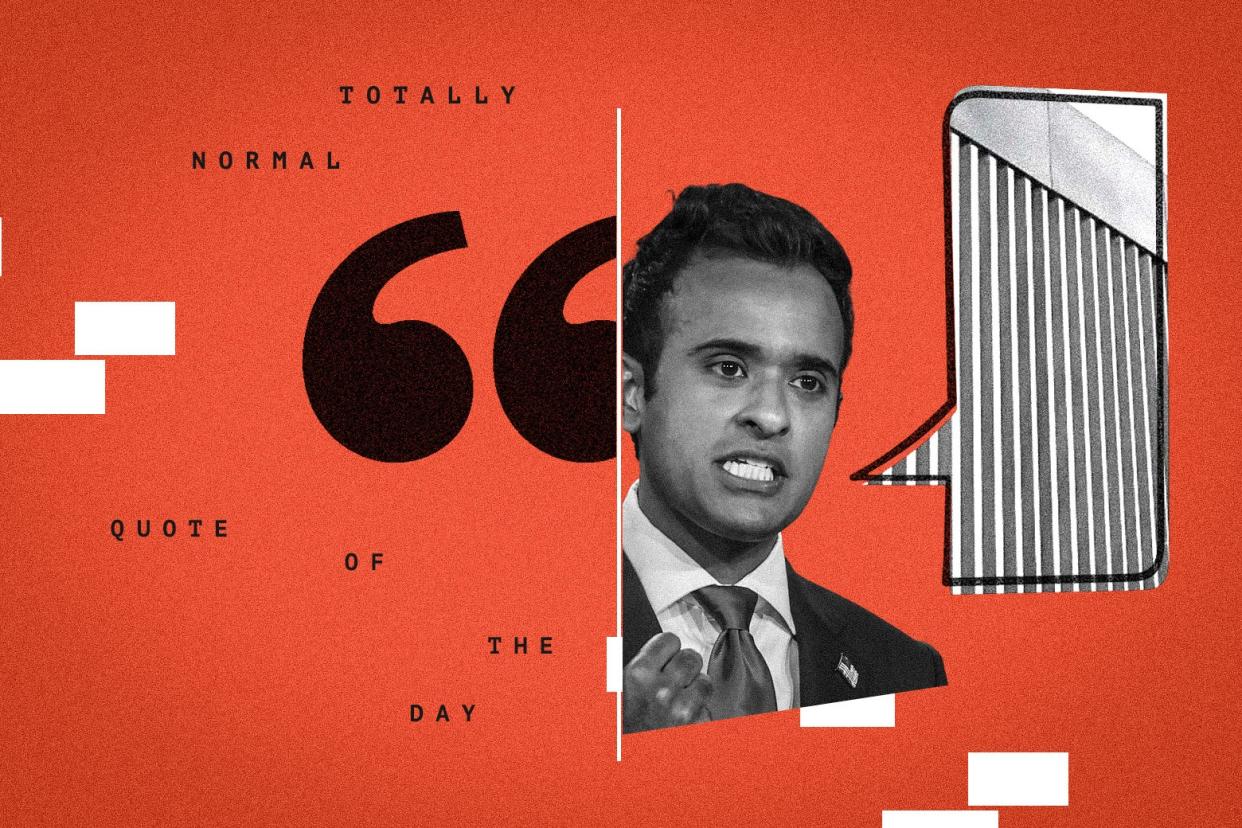 A photo illustration with Vivek Ramaswamy; he has a word bubble coming out of his mouth that contains an image of a border wall.