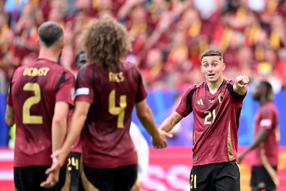 Timothy Castagne offers instructions to his Belgium team-mates (AFP via Getty Images)