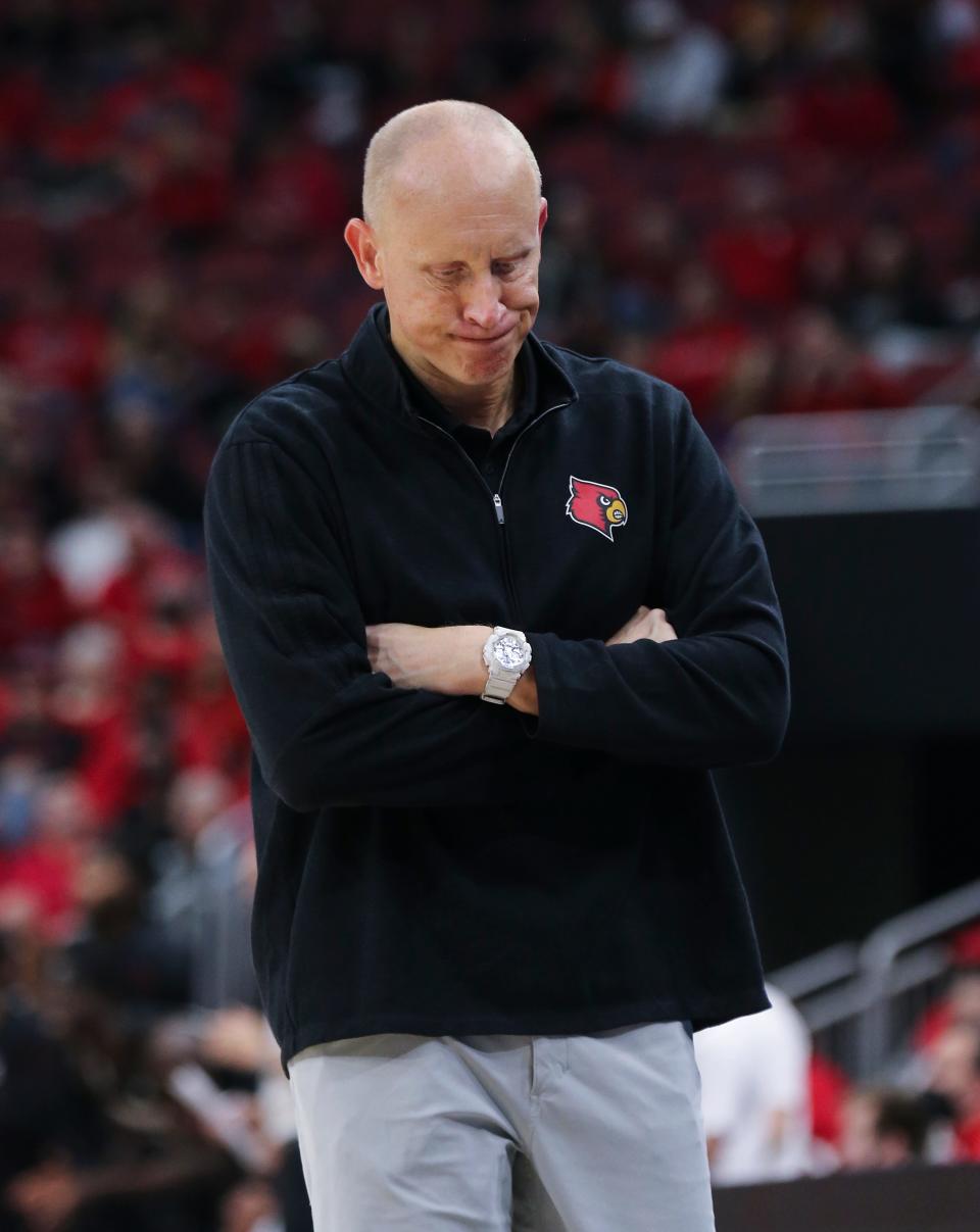 U of L head coach Chris Mack was frustrated in the second half as the Cards fell behind NC State during their game at the Yum Center in Louisville, Ky. on Jan. 12, 2022.  NC State won 79-63.