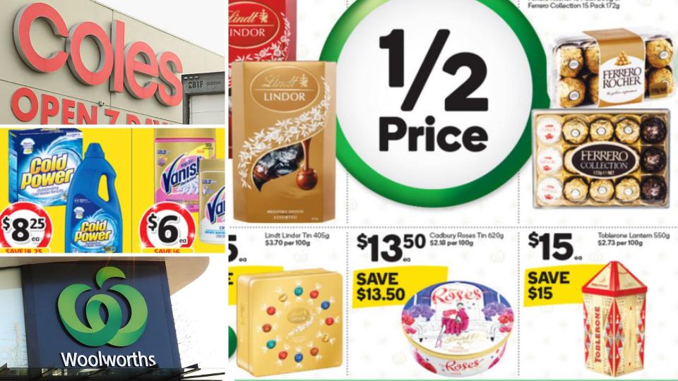 Chocolates and laundry detergent on sale for half-price at Coles and Woolworths.