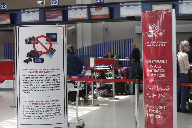 A checkpoint at Casablanca Mohammed V International Airport in Morocco, one of the airports affected by the electronics ban. (AP)