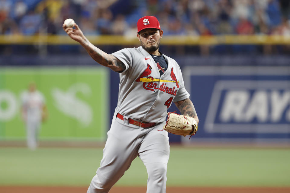 St. Louis Cardinals catcher Yadier Molina pitches against the Tampa Bay Rays during the eighth inning of a baseball game Wednesday, June 8, 2022, in St. Petersburg, Fla. (AP Photo/Scott Audette)