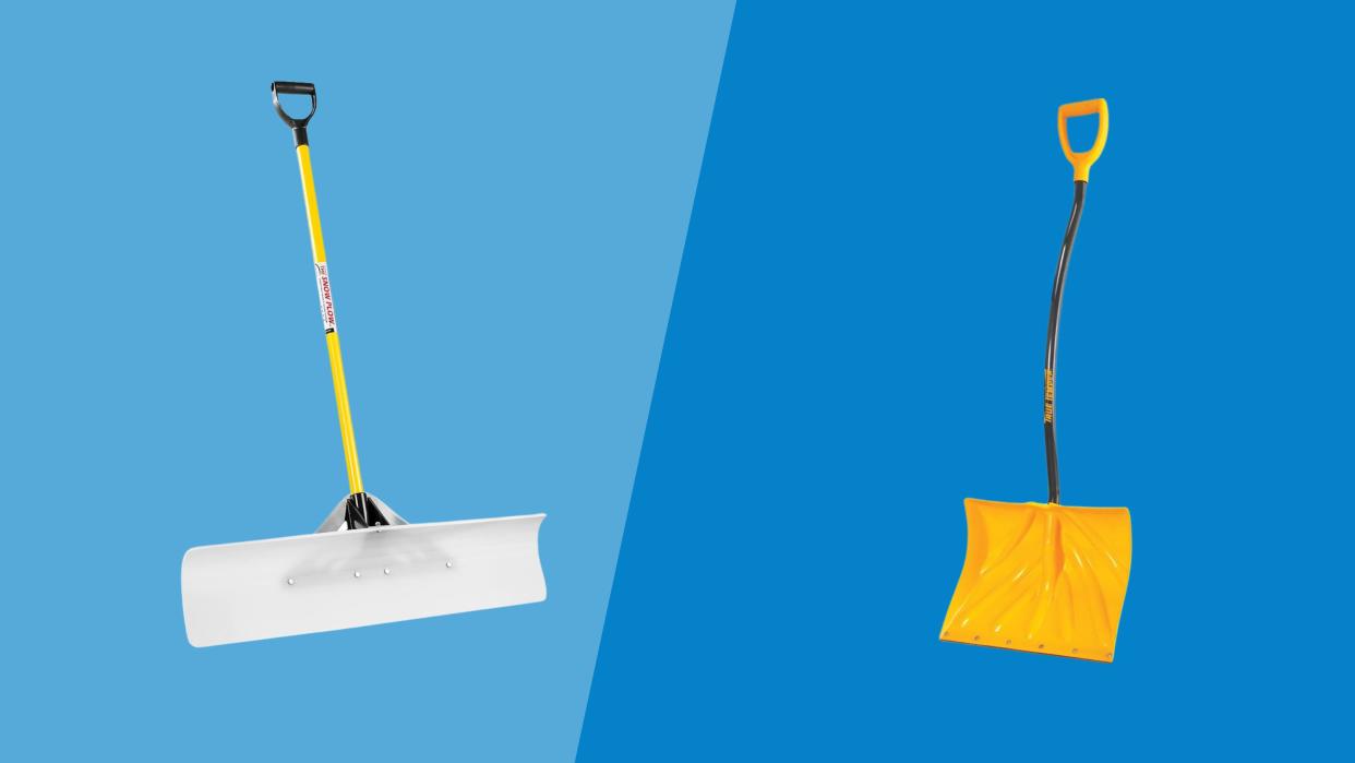  Snow pusher vs snow shovel graphic. 