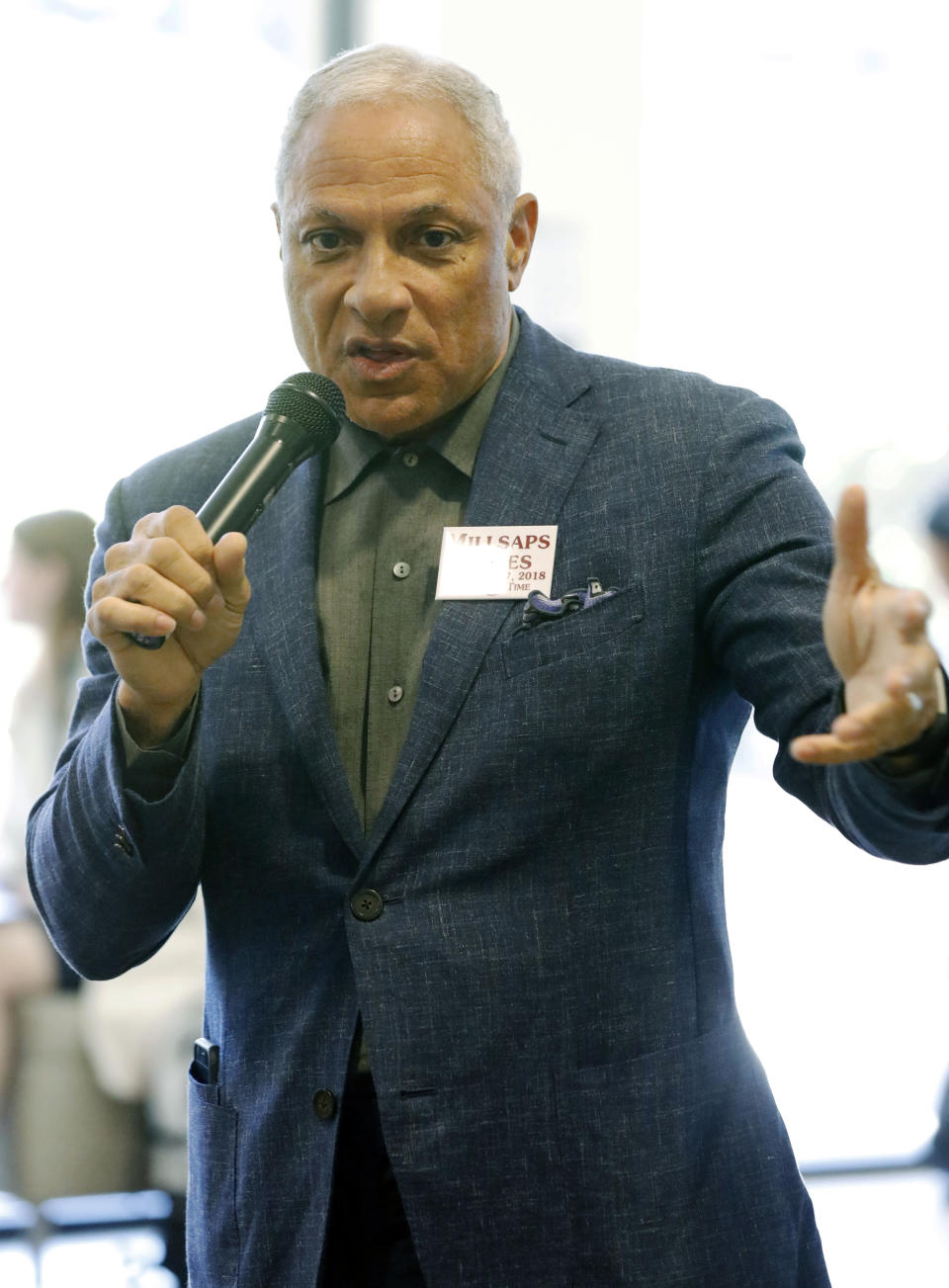 Mike Espy who is seeking to unseat appointed U.S. Sen. Cindy Hyde-Smith, R-Miss., and serve the last two years of the six-year term vacated when Republican Thad Cochran retired for health reasons, speaks about his experience in government as a congressman and agriculture secretary in the Clinton administration, before college students at a town hall meeting at Millsaps College in Jackson, Miss., Thursday, Nov. 15, 2018. (AP Photo/Rogelio V. Solis)