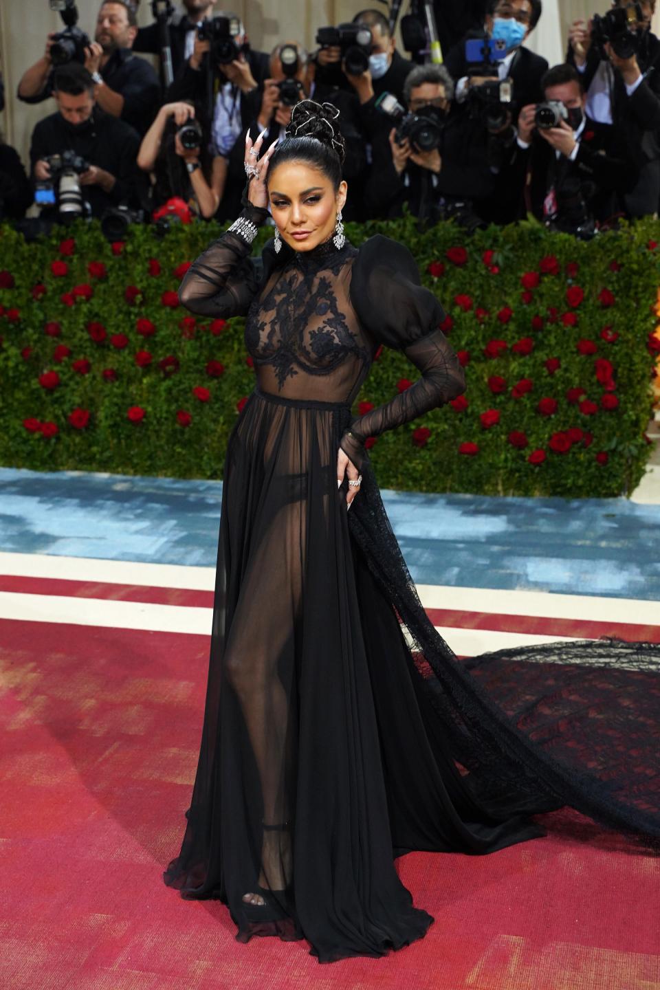 Vanessa Hudgens in a sheer lace gown at the 2022 Met Gala
