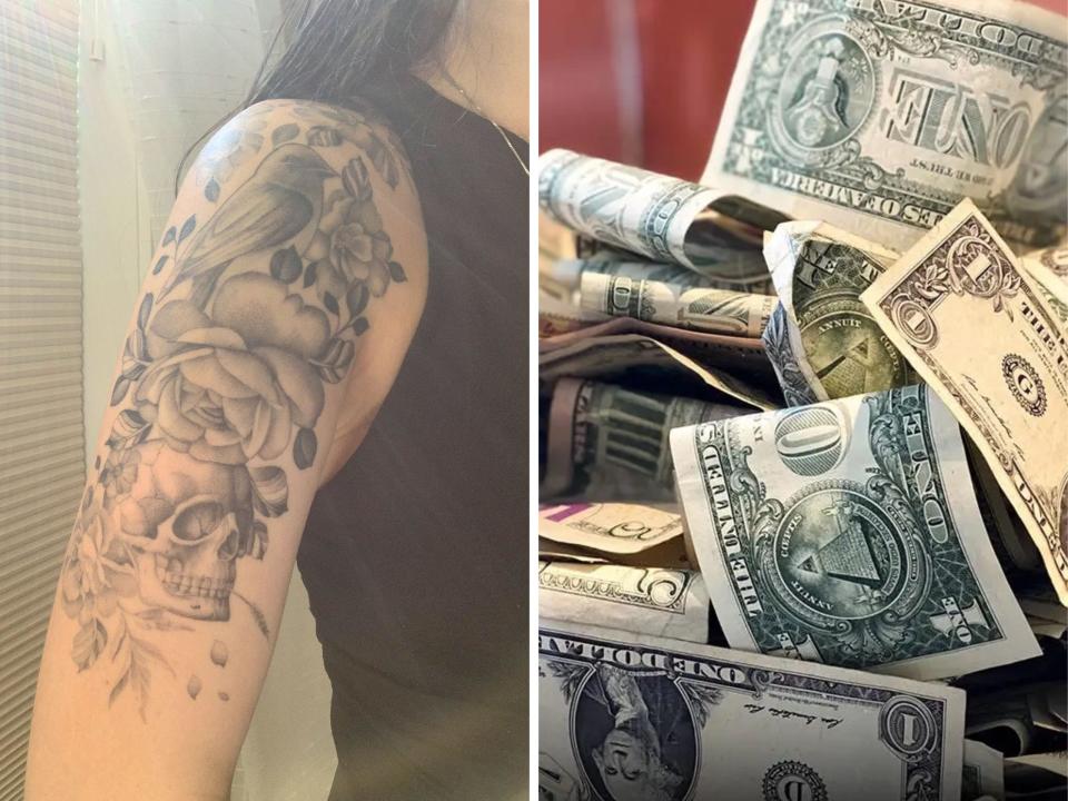 Side-by-side photos of the author's tattoo and a stock photo of tip money.