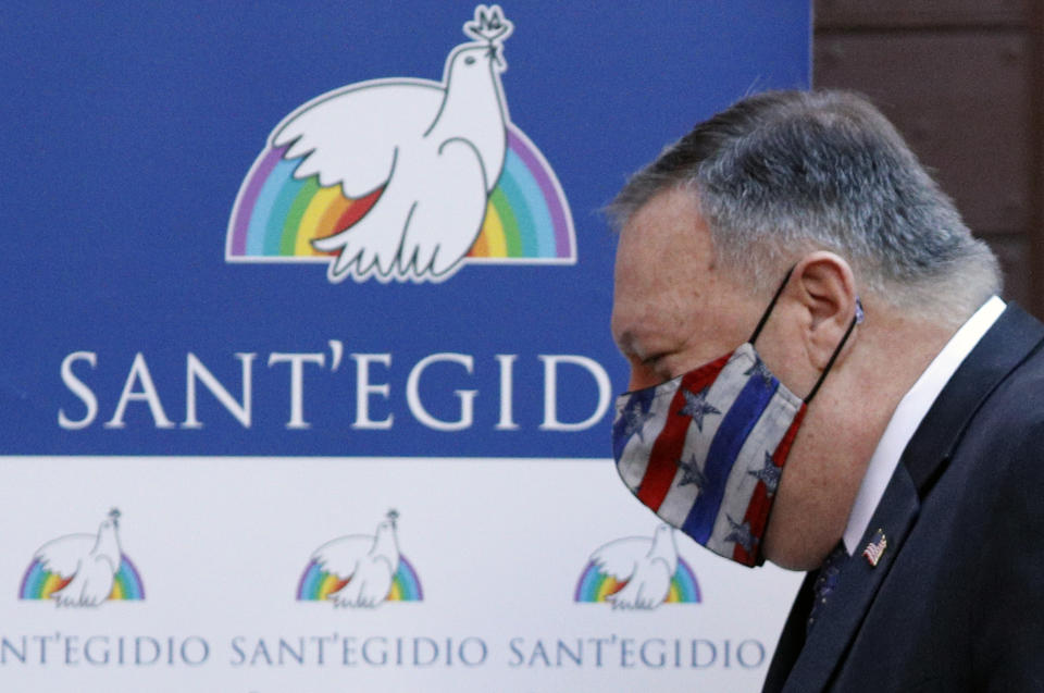 U.S. Secretary of State Mike Pompeo arrives at the Sant'Egidio community headquarters in Rome, Thursday, Oct. 1, 2020. Pompeo is in Italy as part of his six-day trip to Southern Europe. (Guglielmo Mangiapane/Pool Photo via AP)