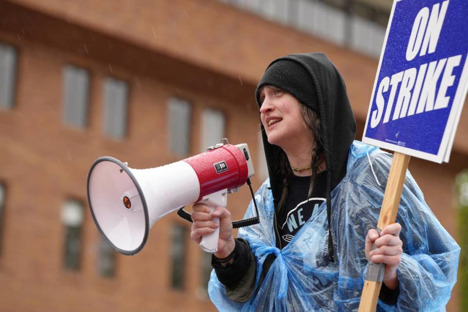 Lexy Aydelotte speaks to hundreds of Western Washington University Educational Student Employees who walked out of their jobs on Tuesday, May 21, 2024, to strike in a unionized effort to negotiate a contract with the University administration.