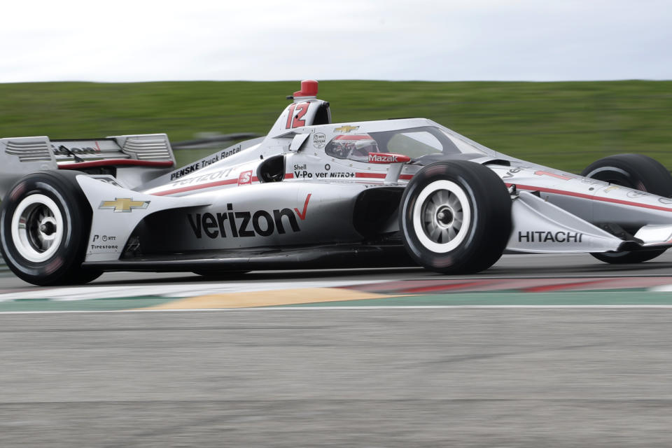 IndyCar driver Will Power steers through a turn during IndyCar Series Open Testing, Wednesday, Feb. 12, 2020, in Austin, Texas. Drivers have mostly praised the new aeroscreen design, a safety innovation for driver protection in the cockpit. (AP Photo/Eric Gay)