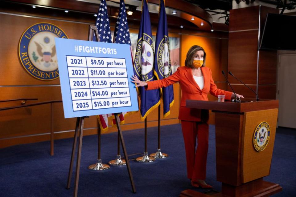 Nancy Pelosi, speaker of the House, holds a news conference on raising the federal minimum wage.