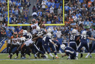 <p>Los Angeles Chargers kicker Mike Badgley (4) hits a field goal during the first half of an NFL football game against the Cincinnati Bengals Sunday, Dec. 9, 2018, in Carson, Calif. (AP Photo/Mark J. Terrill) </p>