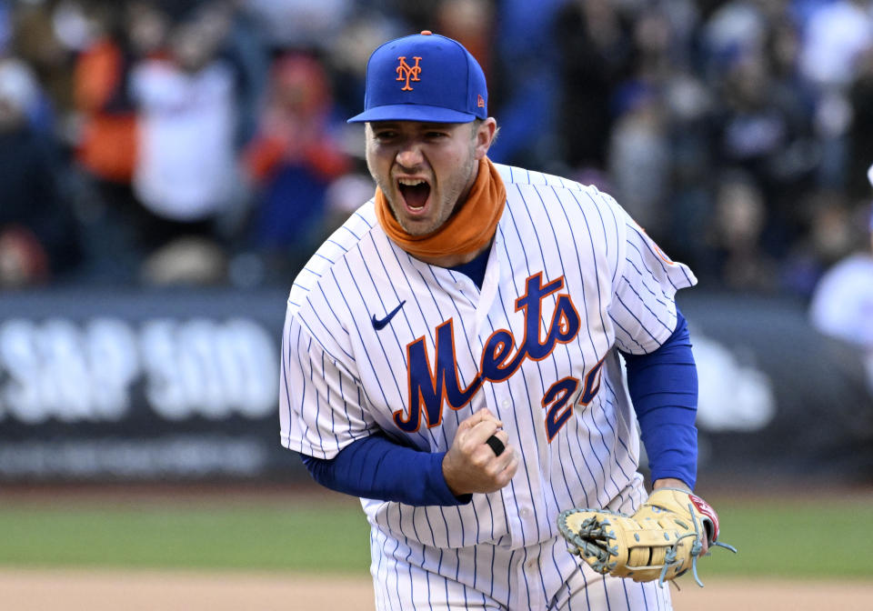 FILE -New York Mets first baseman Pete Alonso reacts after a call was overturned during the 10th inning of the first game of a baseball double-header against the San Francisco Giants Tuesday, April 19, 2022, in New York. Pete Alonso agreed Friday, Jan. 13, 2023 on a $14.5 million contract with the New York Mets for next season to avoid salary arbitration.(AP Photo/Bill Kostroun, File)