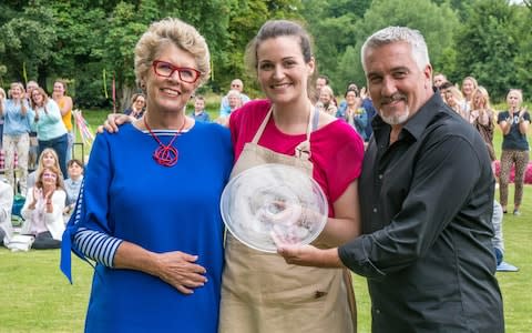 2017 winner Sophie Faldo receiving her trophy from Prue Leith and Paul Hollywood - Credit: Love Productions/Channel 4