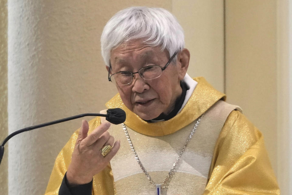 FILE - Catholic Cardinal Joseph Zen, attends a Mass at the Holy Cross Church in Hong Kong on May 24, 2022. The attendance of both the former bishop of Hong Kong and an advisor to Taiwan's leader at this week's funeral for Pope Emeritus Benedict XVI highlights the Vatican's uneasy relationship with communist-ruled China.(AP Photo/Kin Cheung, File)