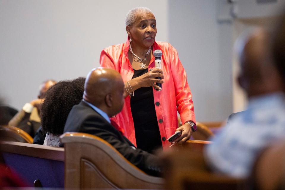 Dr. Altha Stewart, senior associate dean for community health engagement at the University of Tennessee Health Science Center, makes a comment during a town hall on public safety hosted by State Senator Raumesh Akbari at Riverside Missionary Baptist Church in Memphis, Tenn., on Tuesday, August 1, 2023.