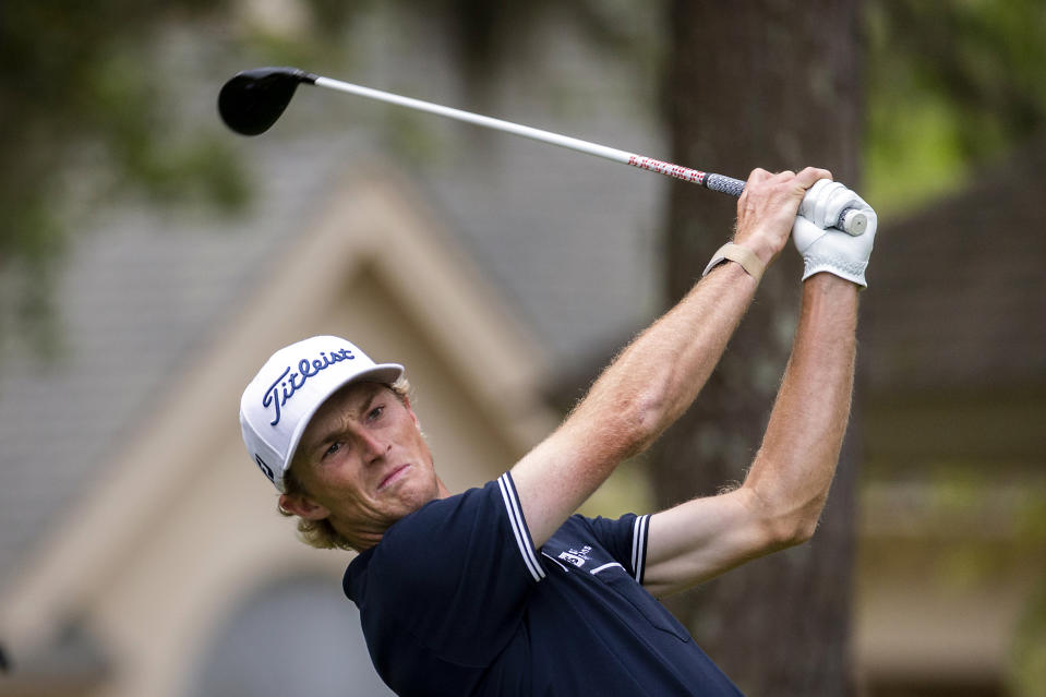 Will Zalatoris watches his drive down the eighth fairway during the first round of the RBC Heritage golf tournament in Hilton Head Island, S.C., Thursday, April 15, 2021. (AP Photo/Stephen B. Morton)