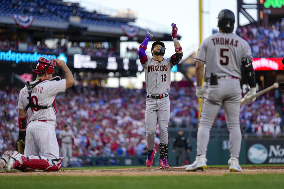 Arizona Diamondbacks' Lourdes Gurriel Jr. celebrates after a home run off Philadelphia Phillies starting pitcher Aaron Nola during the second inning in Game 6 of the baseball NL Championship Series in Philadelphia Monday, Oct. 23, 2023. (AP Photo/Brynn Anderson)