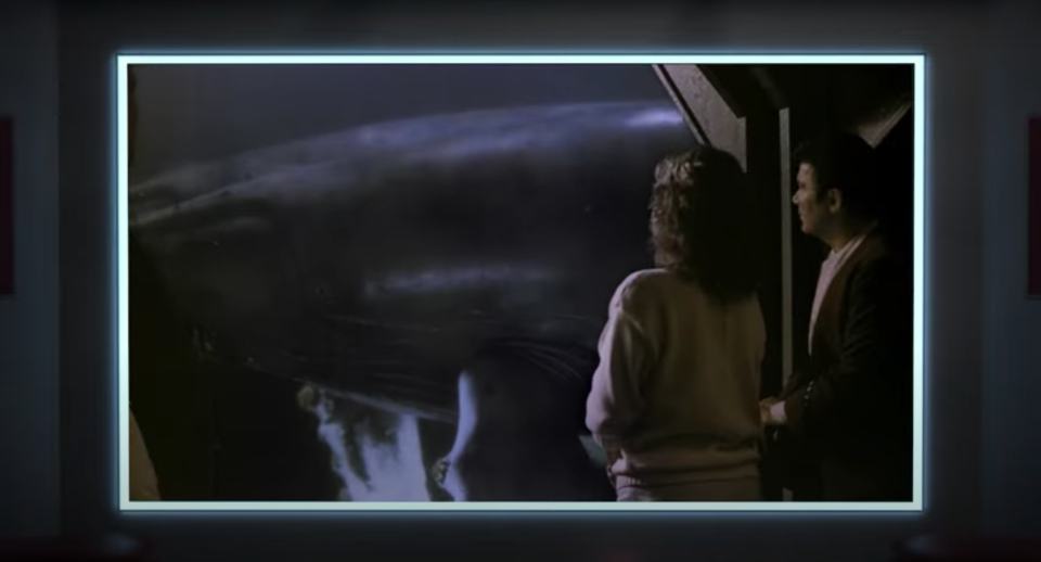 A snapshot from a Star Trek IV: The Voyage Home, in which Captain Kirk stares at whales.