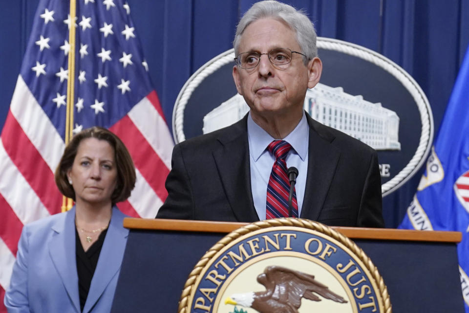 FILE - Attorney General Merrick Garland speaks at the Department of Justice in Washington, Thursday, April 13, 2023. Deputy Attorney General Lisa Monaco stands at left. (AP Photo/Evan Vucci, File)