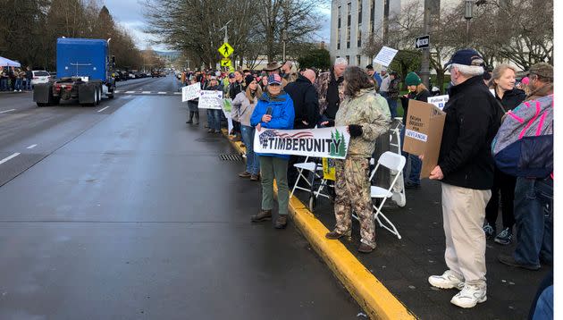 Demonstrators against a cap-and-trade bill aimed at stemming global warming protest on Feb. 6, 2020, at the Oregon State Capitol in Salem. (Photo: AP Photo/Andrew Selsky)