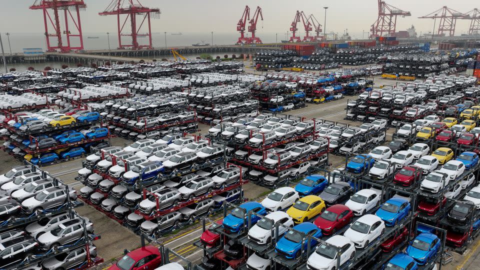 Electric cars destined for export at the Port of Taicang in Suzhou, China, pictured<strong> </strong>in April 2024. - STR/AFP/Getty Images