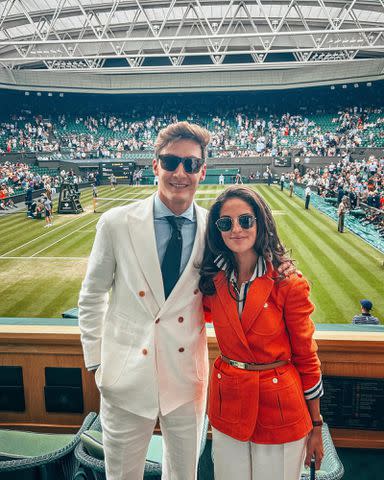 <p>George Russell Instagram</p> George Russell and his girlfriend Carmen Montero Mundt at Wimbledon in 2023.-