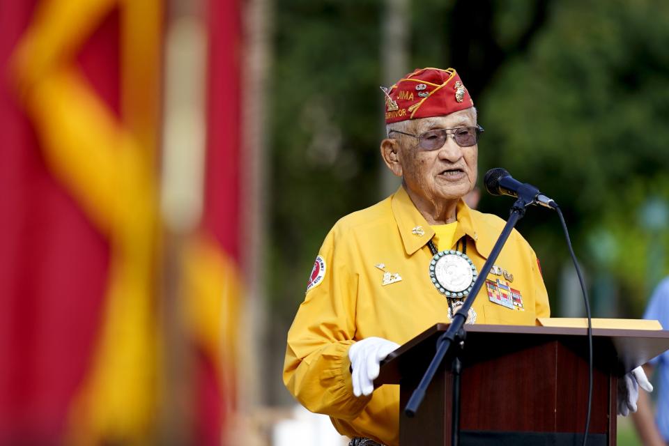 Navajo Code Talker Thomas Begay speaks at the Arizona State Navajo Code Talkers Day celebration, Sunday, Aug. 14, 2022, in Phoenix. (AP Photo/Ross D. Franklin)