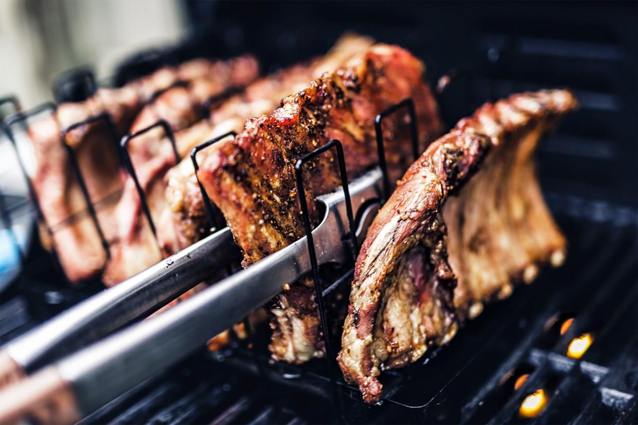 Closeup of grilling racks of ribs