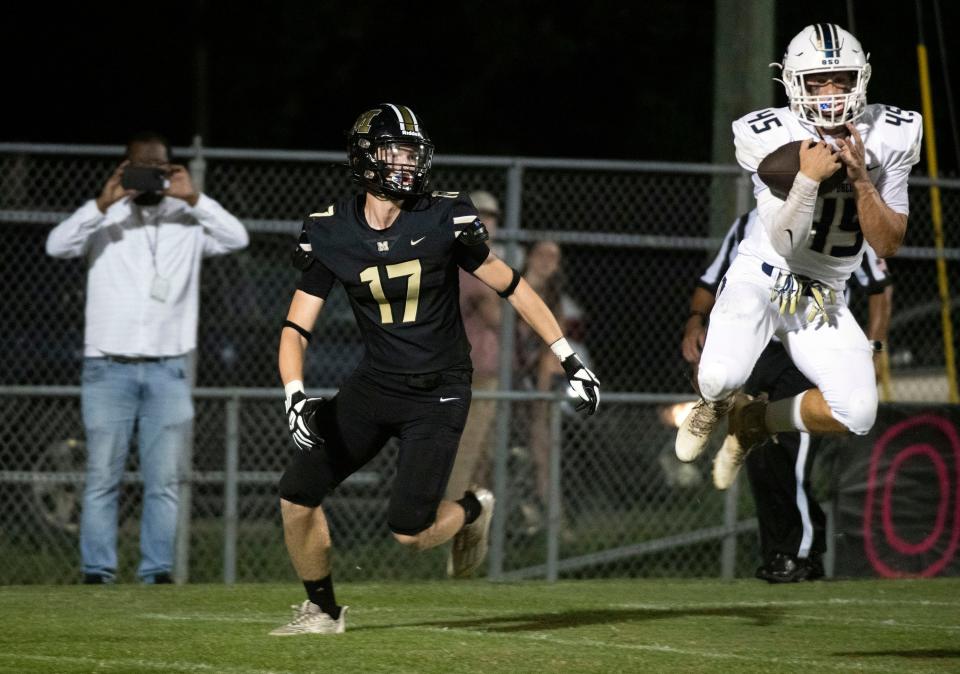 Gulf Breeze High School's Cole Clark (No. 45) picks off a Milton pass intended for receiver Brendan Farish (No. 17) near the Panthers endzone during Friday night's gridiron action.
