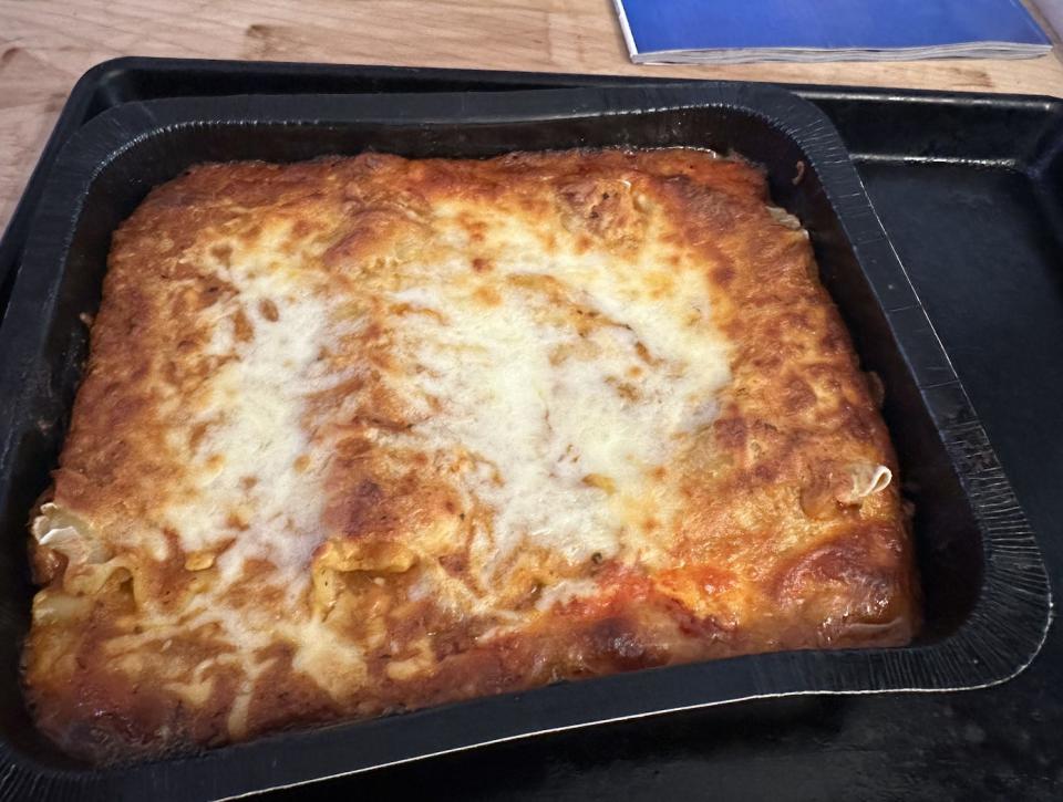 lasagna with melted cheese in pan aldi